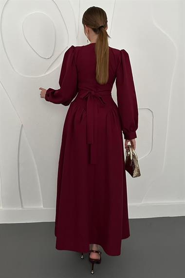 Bordo Uzun Kollu Kloş Elbise