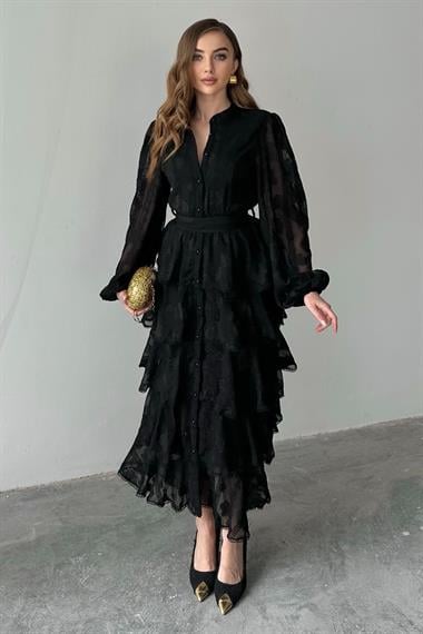 Siyah Uzun Volanlı Elbise