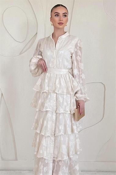 Ekru Uzun Volanlı Elbise