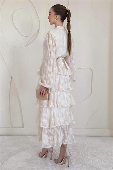 Ekru Uzun Volanlı Elbise