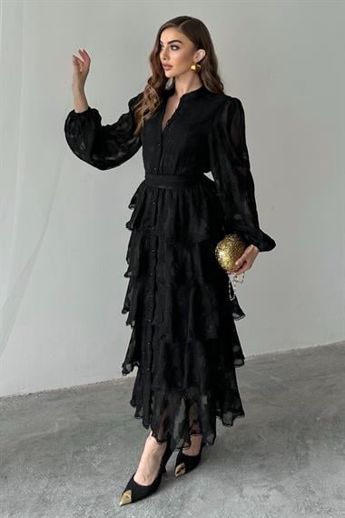 Siyah Uzun Volanlı Elbise