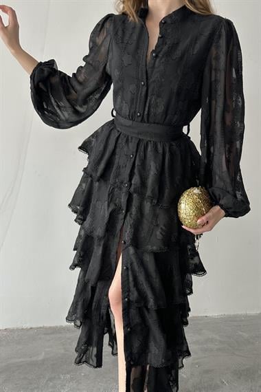 Siyah Uzun Volanlı Elbise