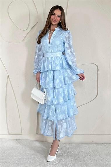 Bebe Mavi Volanlı Şeritli Kat Kat Elbise