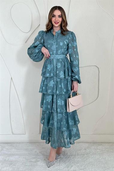 Mint Volanlı Şeritli Kat Kat Elbise