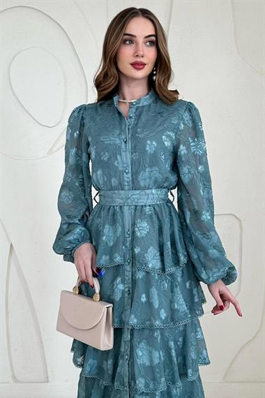 Mint Volanlı Şeritli Kat Kat Elbise