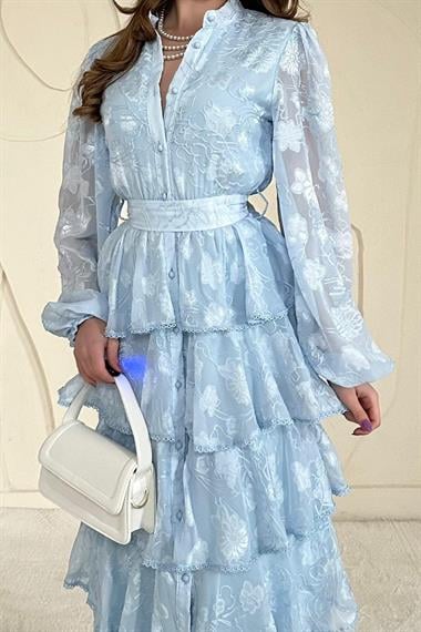 Bebe Mavi Volanlı Şeritli Kat Kat Elbise