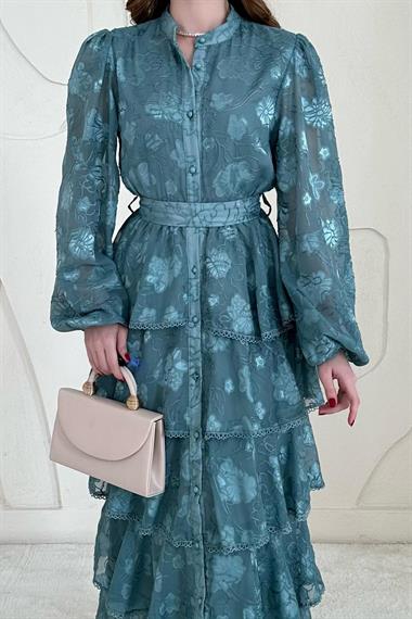 Mint Volanlı Şeritli Kat Kat Elbise