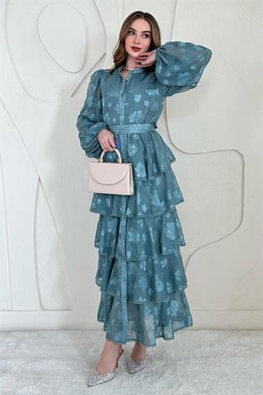 Mint Volanlı Şeritli Kat Kat Elbise