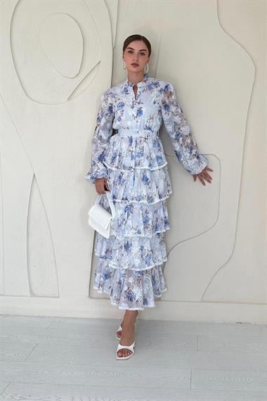 Mavi Volanlı Şeritli Kat Kat Elbise