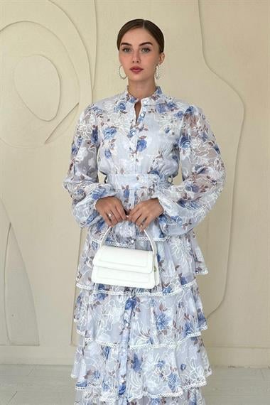 Mavi Volanlı Şeritli Kat Kat Elbise