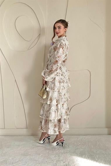 Vizon Volanlı Şeritli Kat Kat Elbise