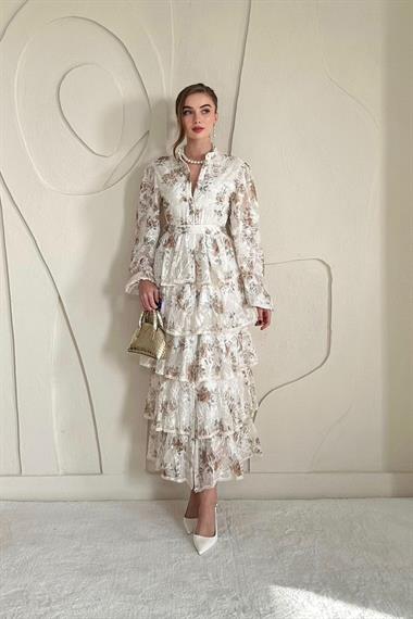 Vizon Volanlı Şeritli Kat Kat Elbise