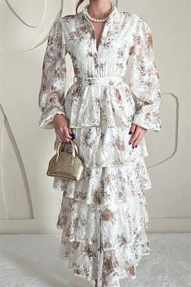 Vizon Volanlı Şeritli Kat Kat Elbise