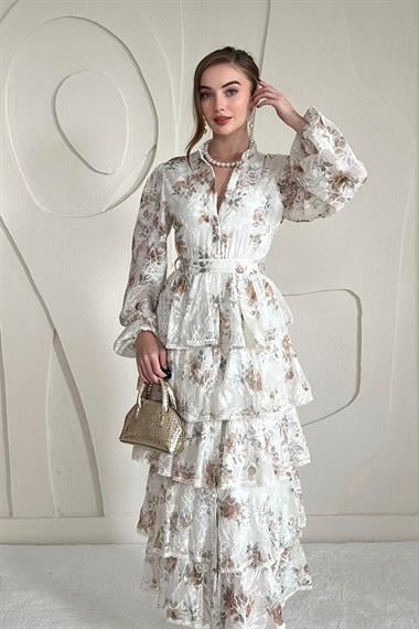 Vizon Volanlı Şeritli Kat Kat Elbise