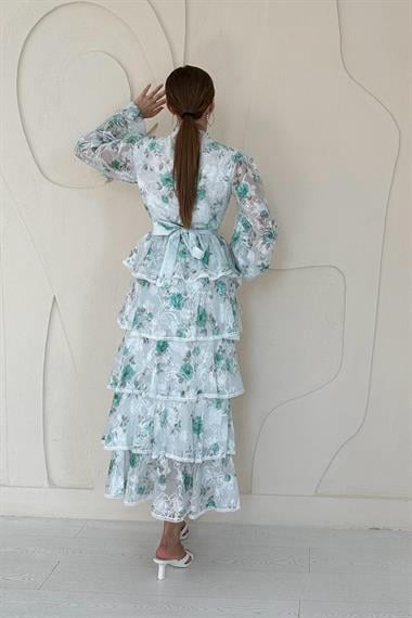 Yeşil Volanlı Şeritli Kat Kat Elbise