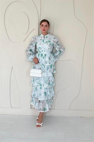 Yeşil Volanlı Şeritli Kat Kat Elbise