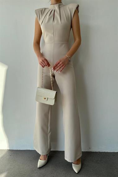 Bej Vatkalı Dik Yaka Tulum