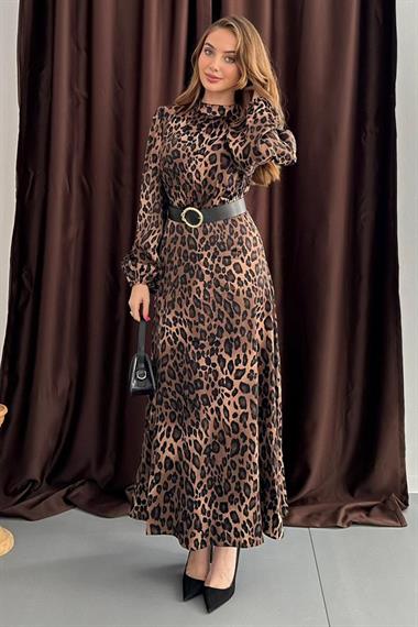 Leopar Vatkalı Kemer Detaylı Leopar Elbise