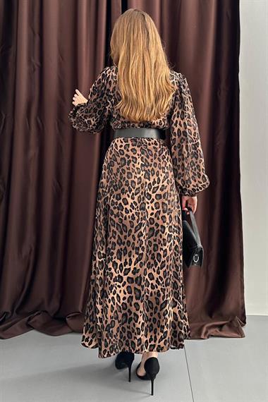 Leopar Vatkalı Kemer Detaylı Leopar Elbise