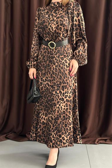 Leopar Vatkalı Kemer Detaylı Leopar Elbise