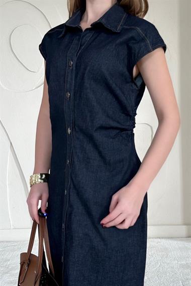 Lacivert Vatkalı Sıfır Kol Düğmeli Kot Elbise