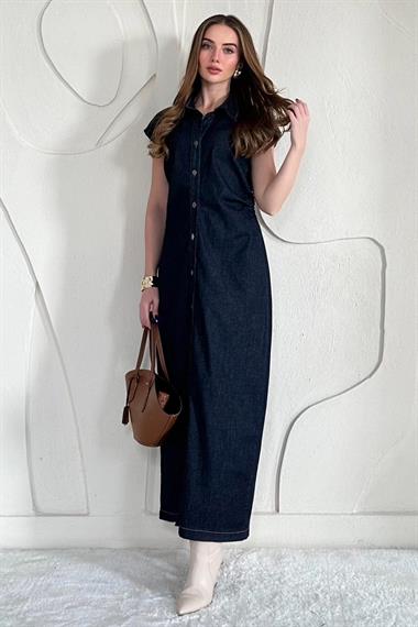 Lacivert Vatkalı Sıfır Kol Düğmeli Kot Elbise