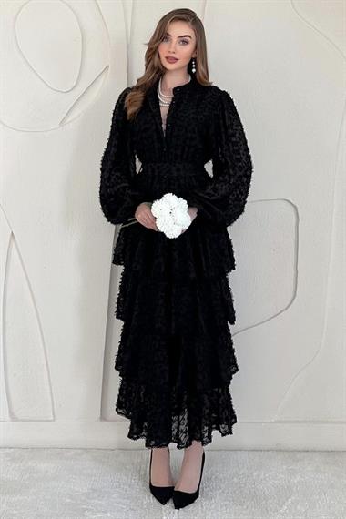 Siyah Volan Detaylı Püsküllü Kat Kat Elbise