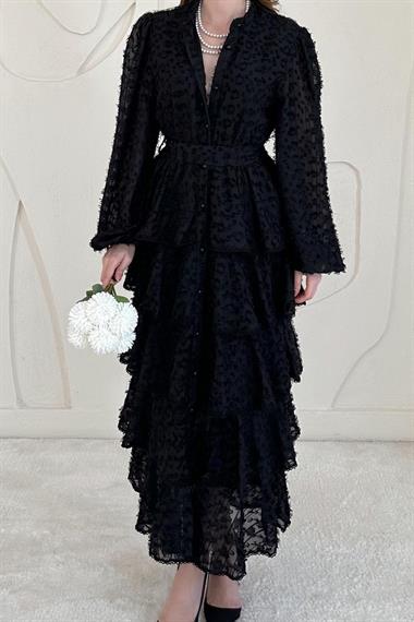 Siyah Volan Detaylı Püsküllü Kat Kat Elbise