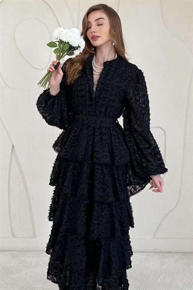 Siyah Volan Detaylı Püsküllü Kat Kat Elbise