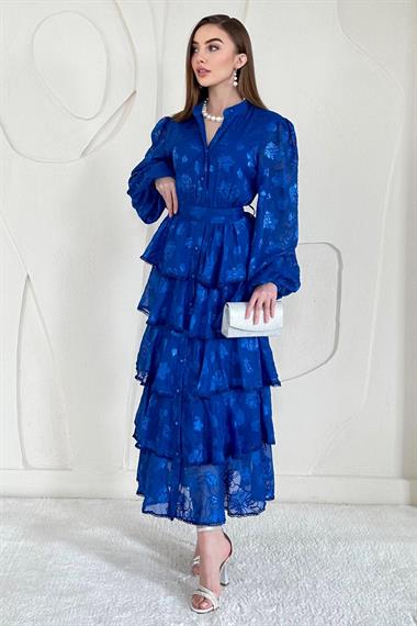 Sax Volanlı Şeritli Kat Kat Elbise