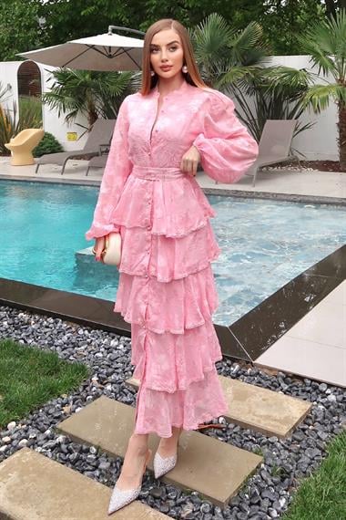 Pembe Volanlı Şeritli Kat Kat Elbise