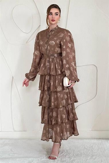 Kahve Volanlı Şeritli Kat Kat Elbise