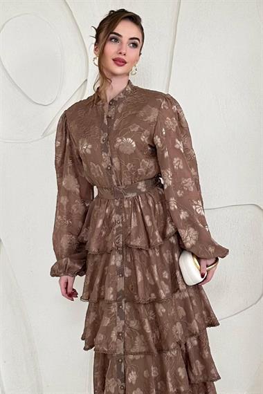 Kahve Volanlı Şeritli Kat Kat Elbise