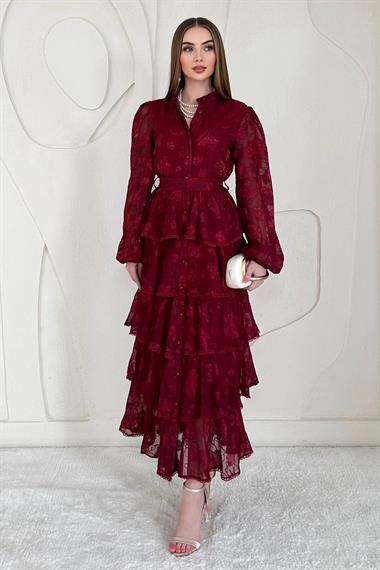Bordo Volanlı Şeritli Kat Kat Elbise