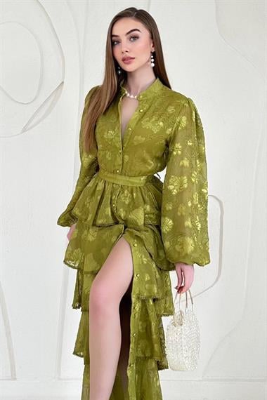 Yağ Yeşili Volanlı Şeritli Kat Kat Elbise