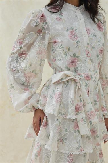 Gül Volanlı Şeritli Kat Kat Elbise