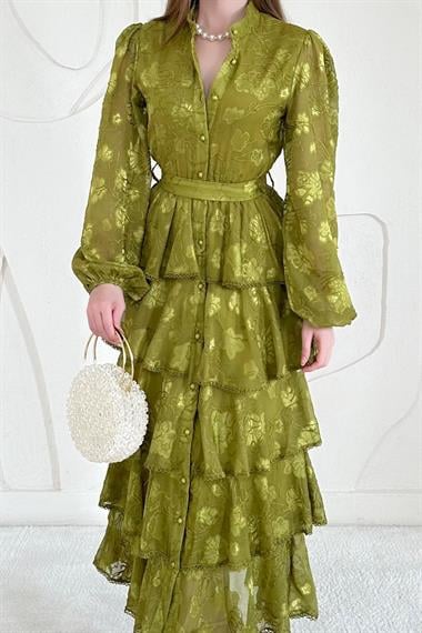 Yağ Yeşili Volanlı Şeritli Kat Kat Elbise