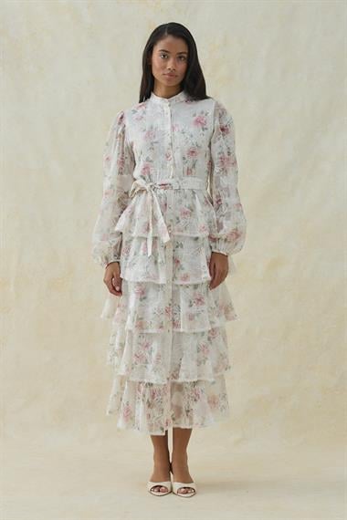 Gül Volanlı Şeritli Kat Kat Elbise