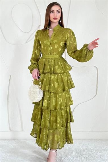 Yağ Yeşili Volanlı Şeritli Kat Kat Elbise