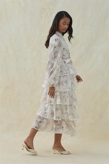Gül Volanlı Şeritli Kat Kat Elbise