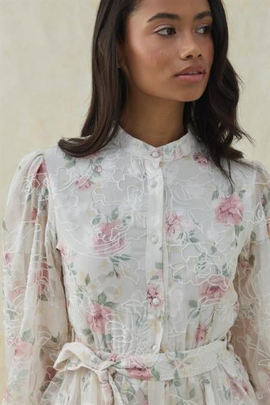 Gül Volanlı Şeritli Kat Kat Elbise