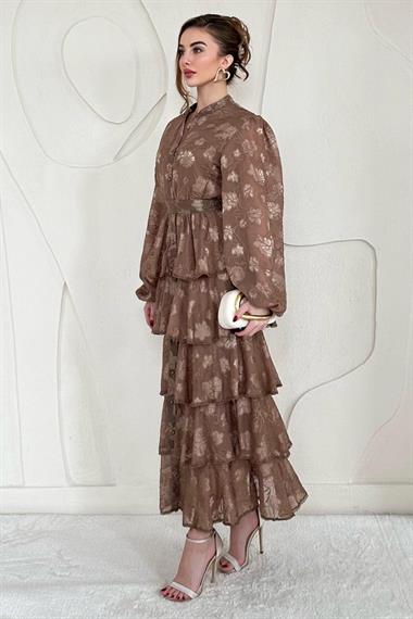 Kahve Volanlı Şeritli Kat Kat Elbise