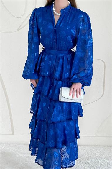 Sax Volanlı Şeritli Kat Kat Elbise