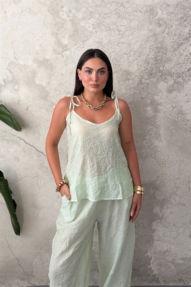Yağ Yeşili Boyundan Bağlamalı Bluz Pantolon Takım