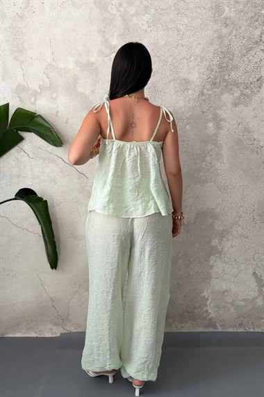 Yağ Yeşili Boyundan Bağlamalı Bluz Pantolon Takım