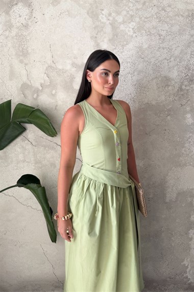 Yağ Yeşili Yandan Kuşaklı Düğme Detaylı Elbise