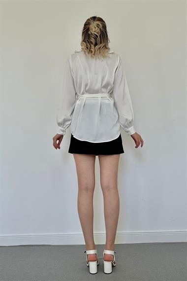 Satin Shirt with Ruffled Collar and Belt