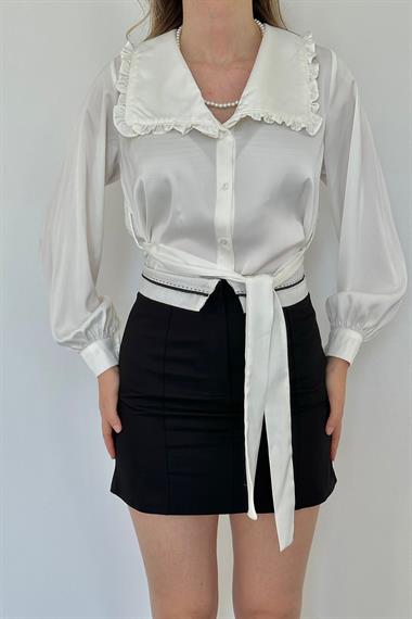 Satin Shirt with Ruffled Collar and Belt