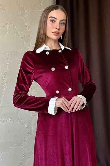 Bordo Yakası Taşlı Garnili Kadife Elbise