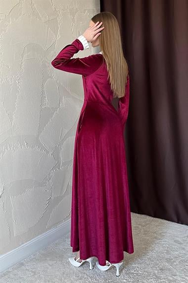 Bordo Yakası Taşlı Garnili Kadife Elbise